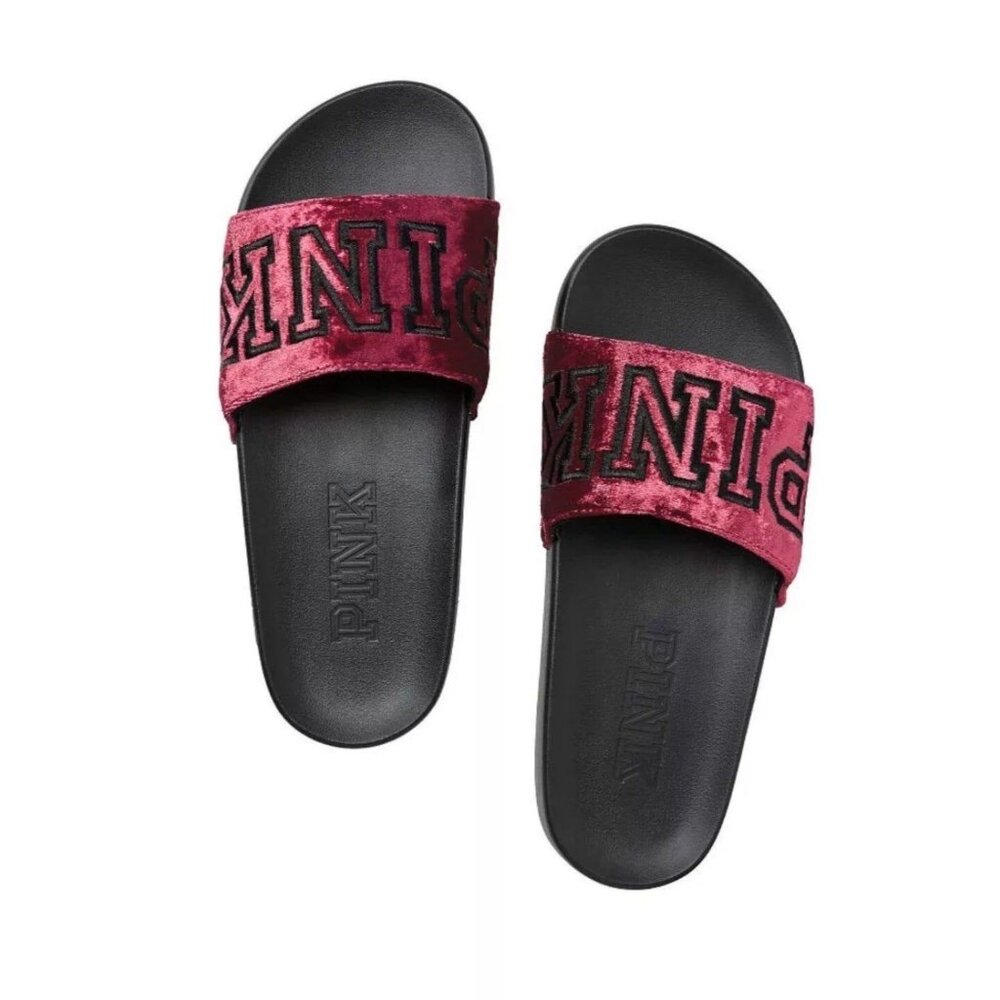 VS PINK Velvet Single Strap Ruby Red Slides 2020 Pink sandals, Flip flop shoes L